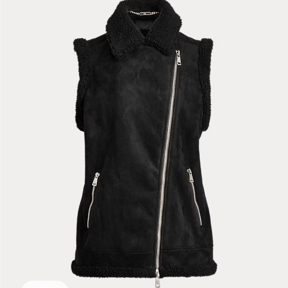 Lauren Ralph Lauren Black Shearling Moto Vest with Silver Chain Detail - Picture 5 of 12
